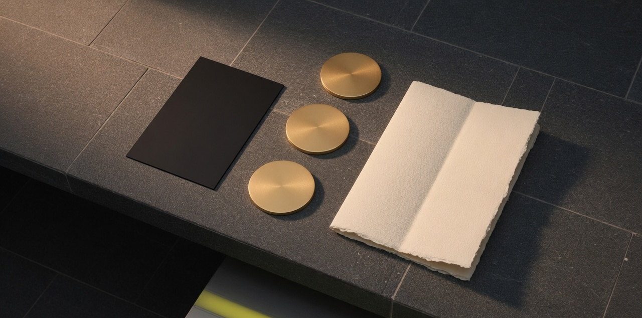 Still life of a blank card, plain metal discs, and folded paper