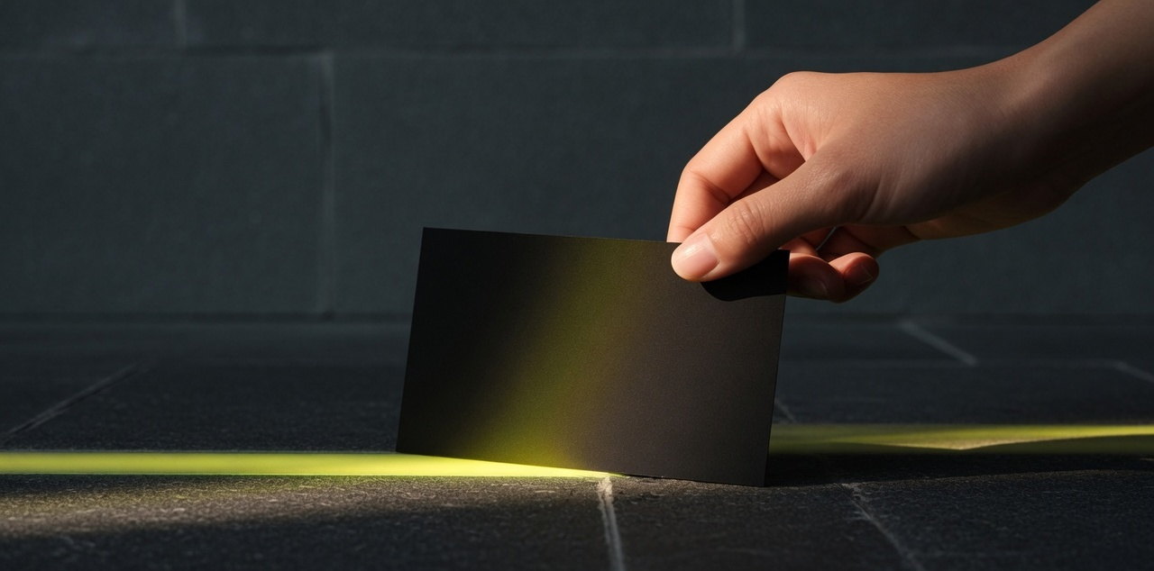 A hand setting a plain black card onto dark stone